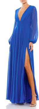 Ieena for Mac Duggal V-Neck Illusion Long Sleeve Chiffon Gown