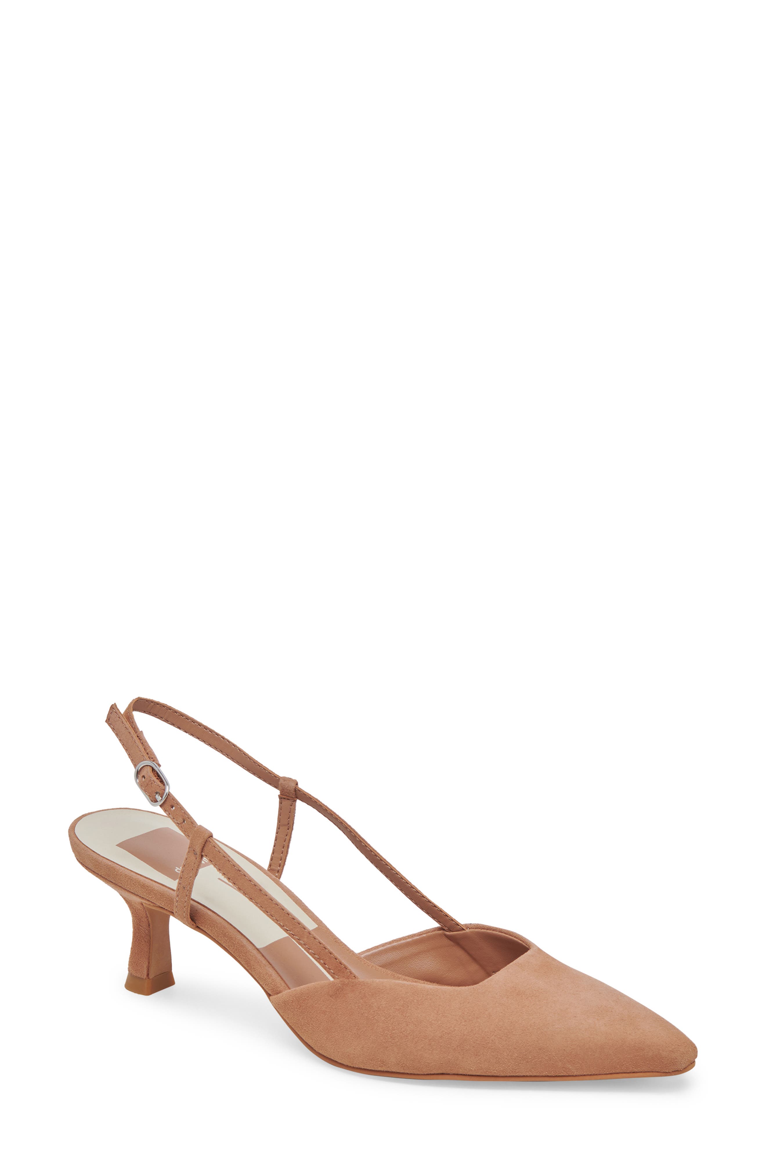 Odela Pointed Toe Kitten Heel Slingback Pump, Main, color, TOFFEE SUEDE
