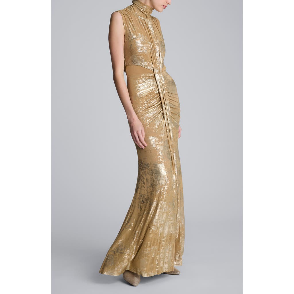 Kenneth Cole Metallic Foil Mesh Pleated Bodice Maxi Dress In Gold