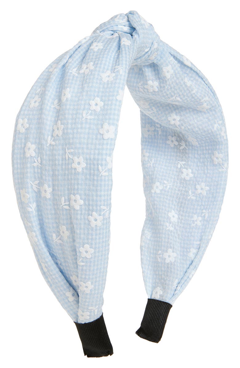 Cara Kids' Floral Gingham Knotted Headband, Main, color, Blue