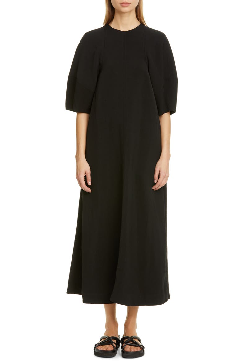 Puff Sleeve Midi Dress, Main, color, BLACK