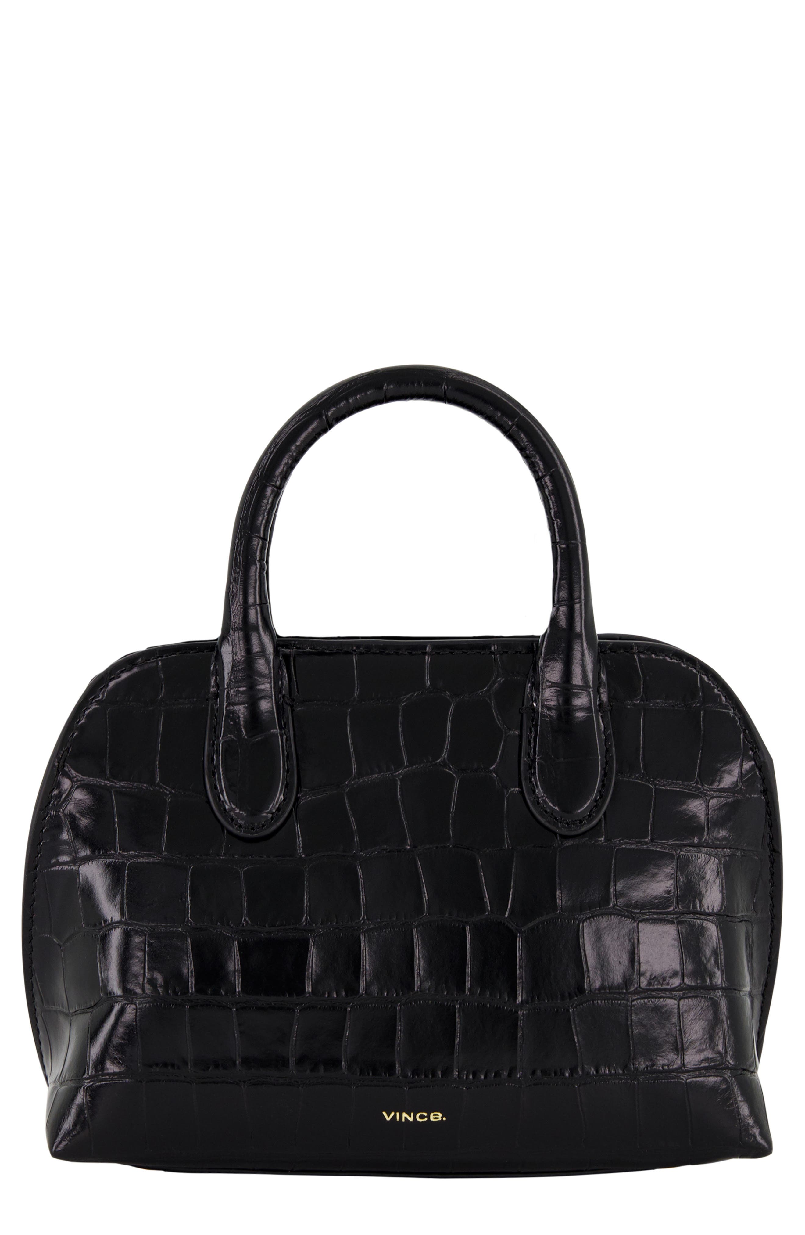 Vince Mini Delphine Croc Embossed Leather Top Handle Bag, Main, color, Black