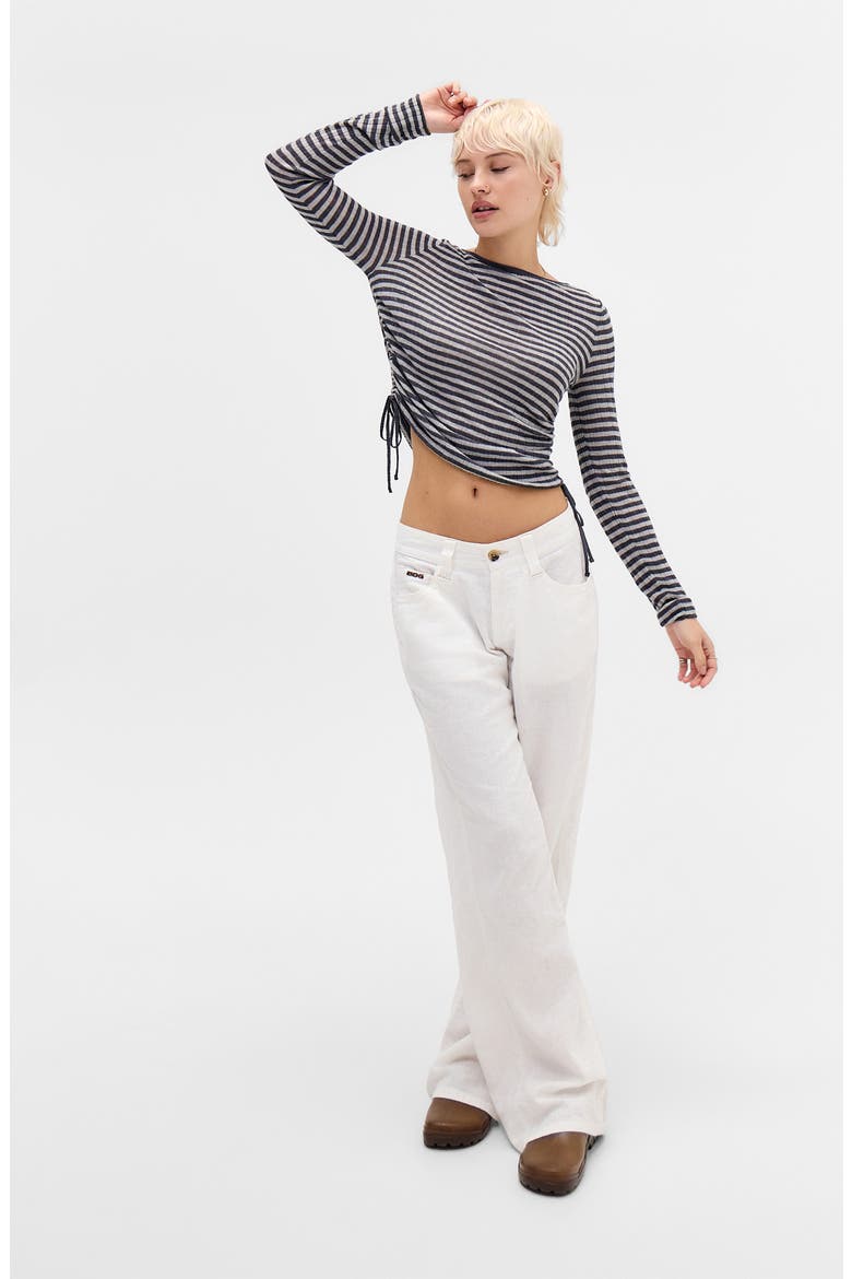 Stripe Side Ruched Sheer Knit Top, Alternate, color, GREY