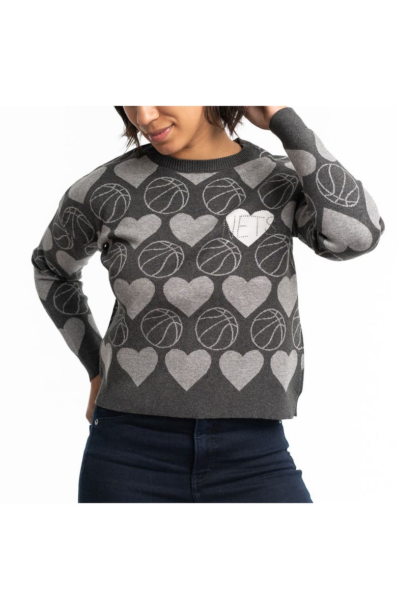 LUSSO Women's Lusso Charcoal Brooklyn Nets Basketball Love Swarovski Crystal Intarsia Pullover Sweater, Alternate, color, Charcoal