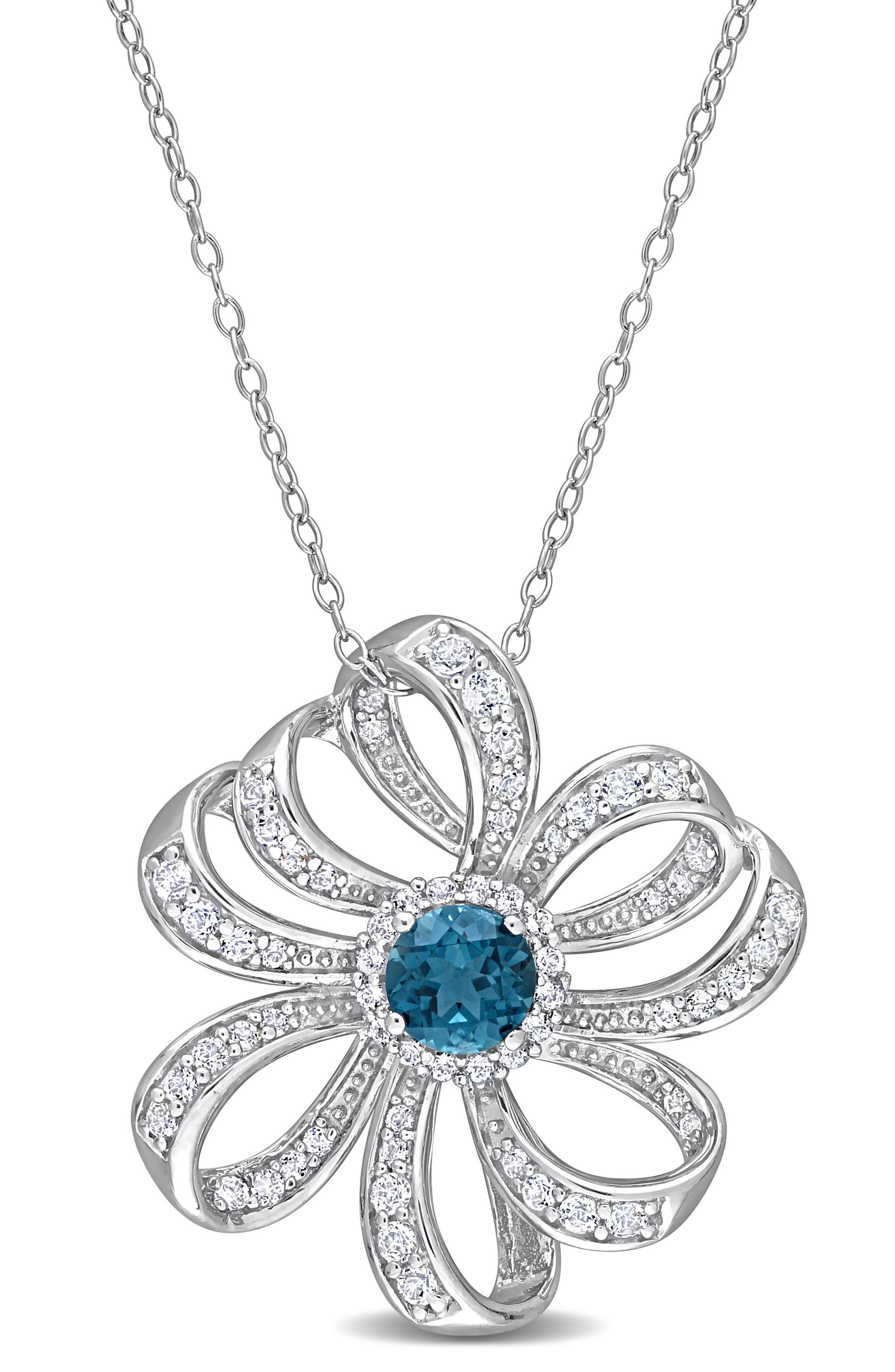 DELMAR Sterling Silver Lab Created White & Blue Topaz Flower Pendant Necklace