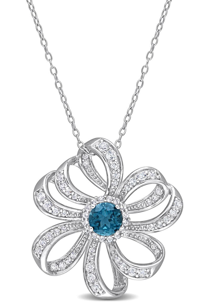 Sterling Silver Lab Created White & Blue Topaz Flower Pendant Necklace, Main, color, BLUE
