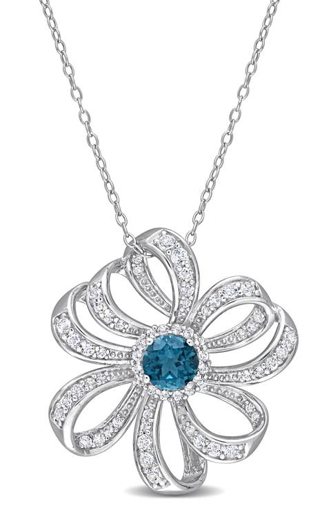Sterling Silver Lab Created White & Blue Topaz Flower Pendant Necklace