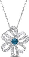 DELMAR Sterling Silver Lab Created White & Blue Topaz Flower Pendant Necklace