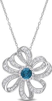 DELMAR Sterling Silver Lab Created White & Blue Topaz Flower Pendant Necklace