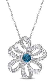 DELMAR Sterling Silver Lab Created White & Blue Topaz Flower Pendant Necklace