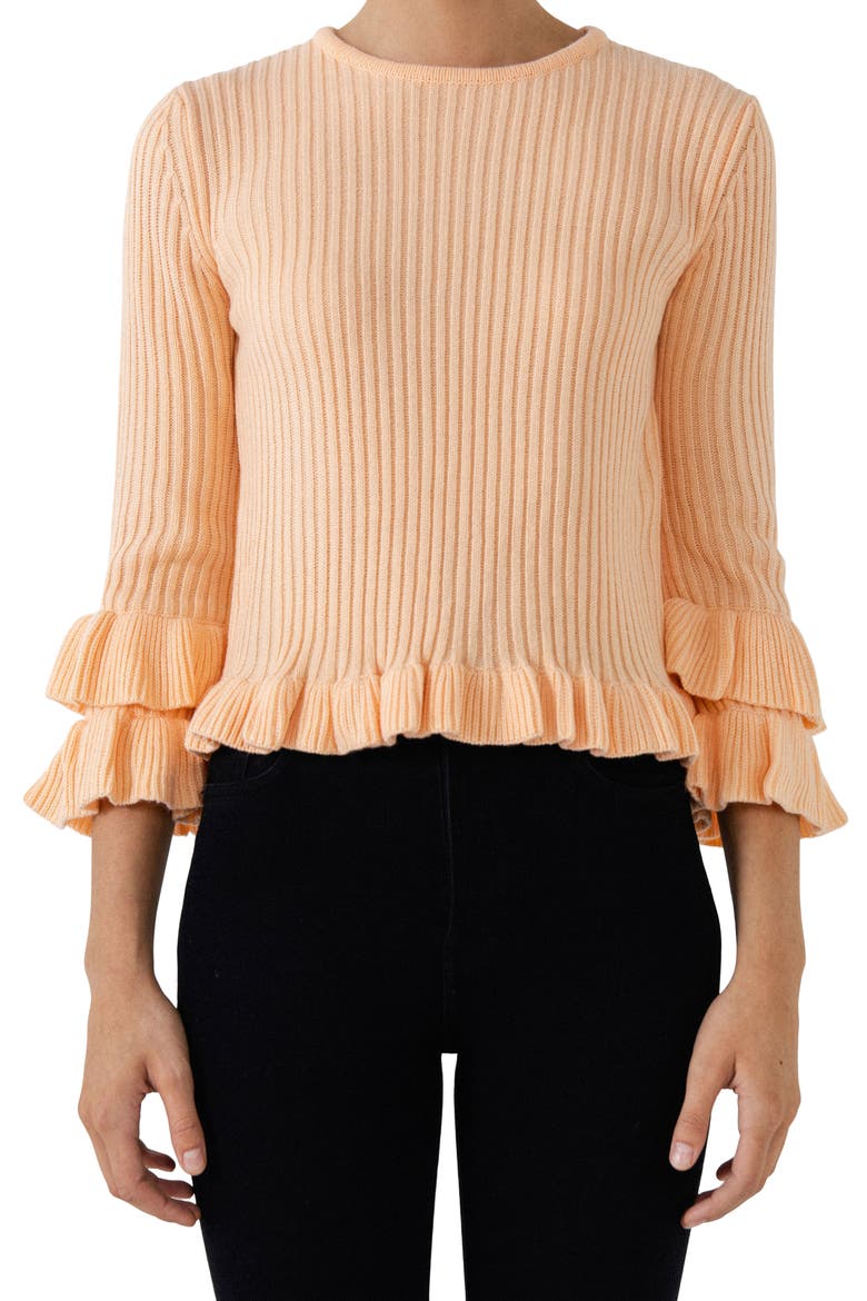 Rib Ruffle Edge Sweater, Alternate, color, PINK