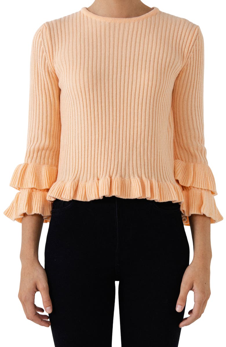 English Factory Rib Ruffle Edge Sweater, Alternate, color, Pink