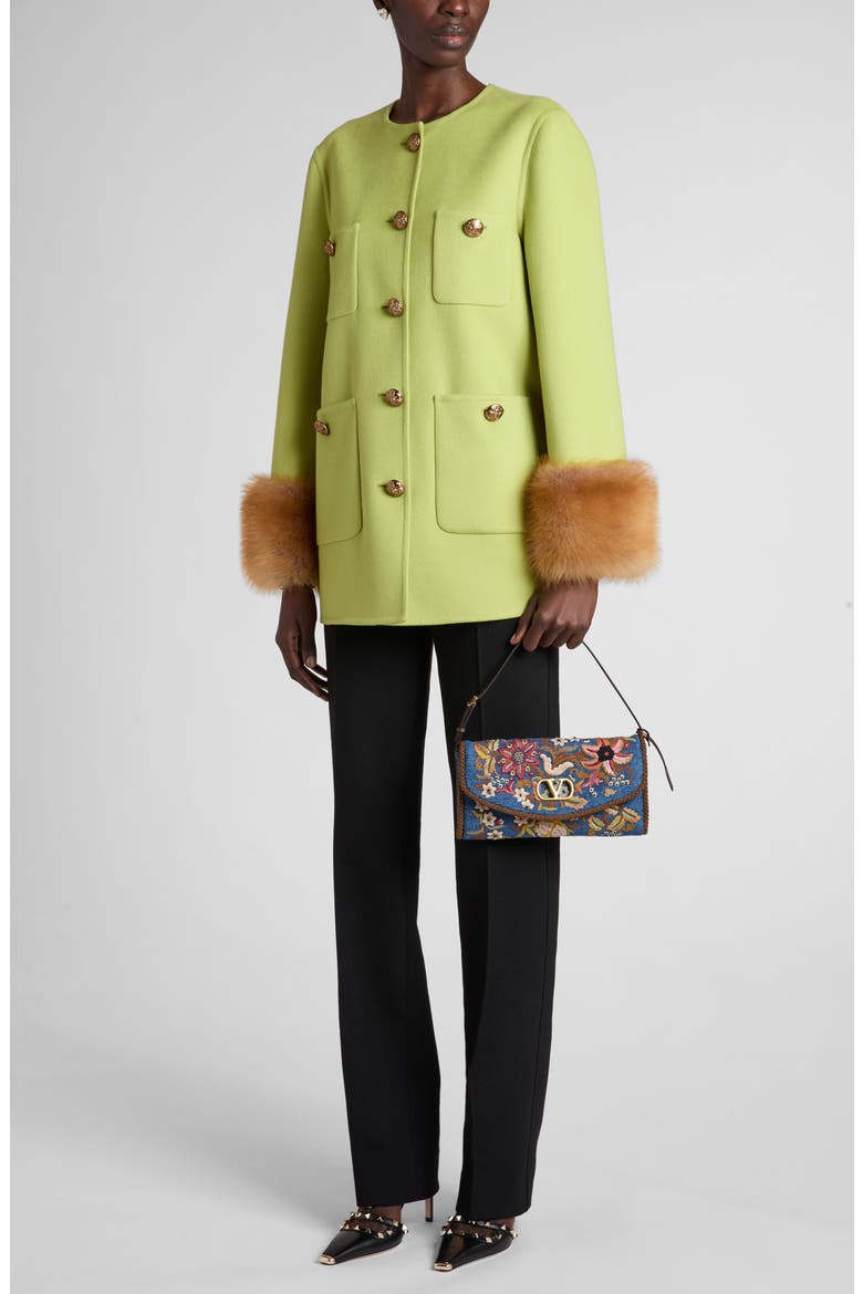 Compact Drape Wool & Cashmere Jacket with Genuine Shearling Cuffs, Alternate, color, LIGHT GREEN