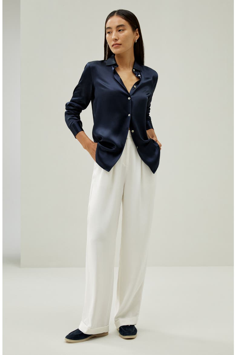 Women's Elegant Button Up Silk Shirt, Alternate, color, Navy Blue