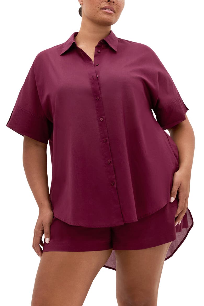 Oversize Longline Cotton Button-Up Shirt, Main, color, POMEGRANATE