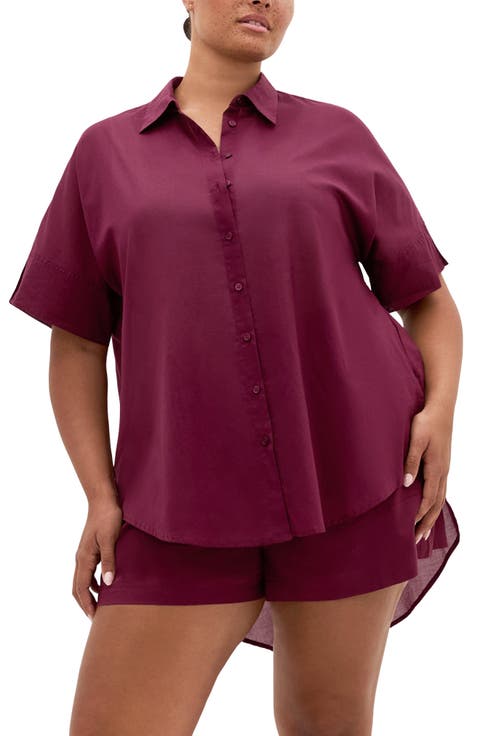 Oversize Longline Cotton Button-Up Shirt (Plus)