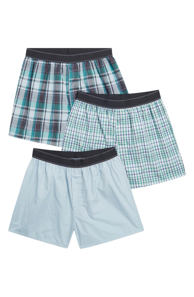 NORDSTROM RACK Assorted 3-Pack Modern Fit Woven Boxers, Alternate, color, Blue Microgrid Multi