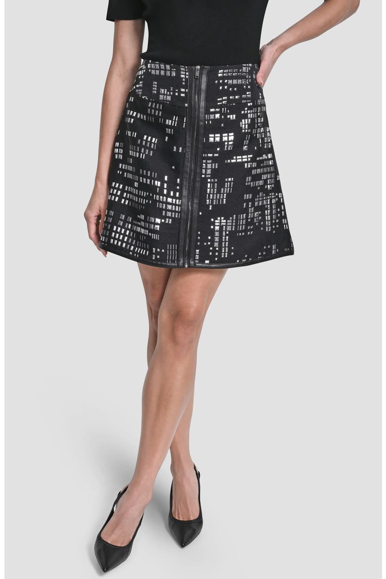 Front Zip Abstract Jacquard Miniskirt, Main, color, BLACK/ SILVER