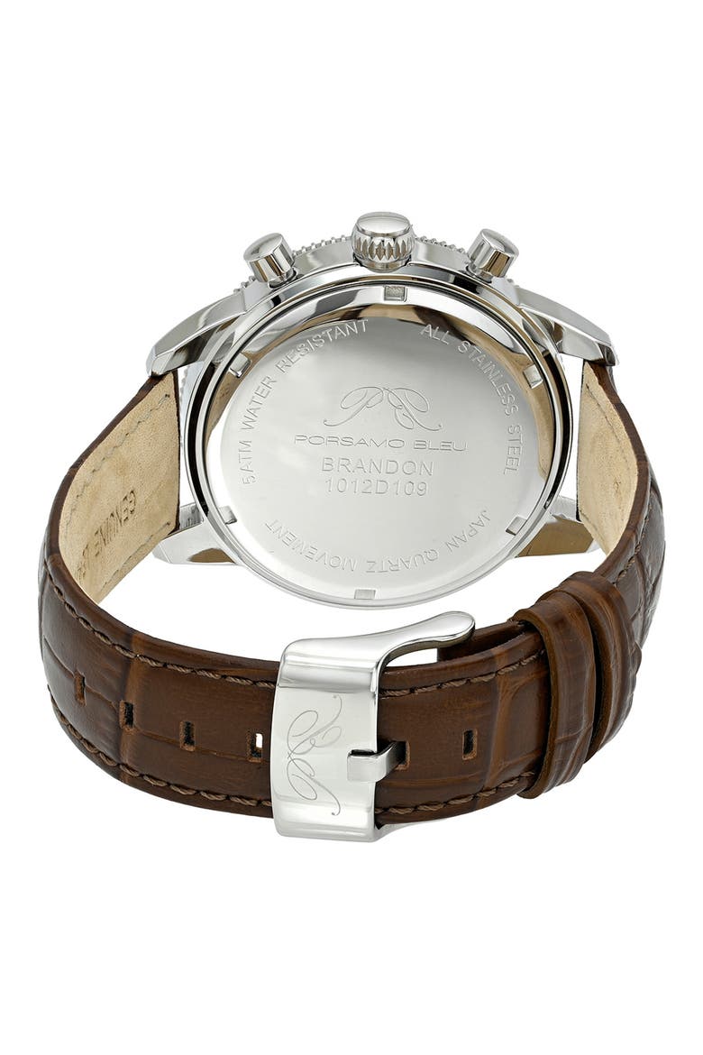 Brandon Chromograph Leather Strap Watch, 44mm, Alternate, color, BROWN/SILVER