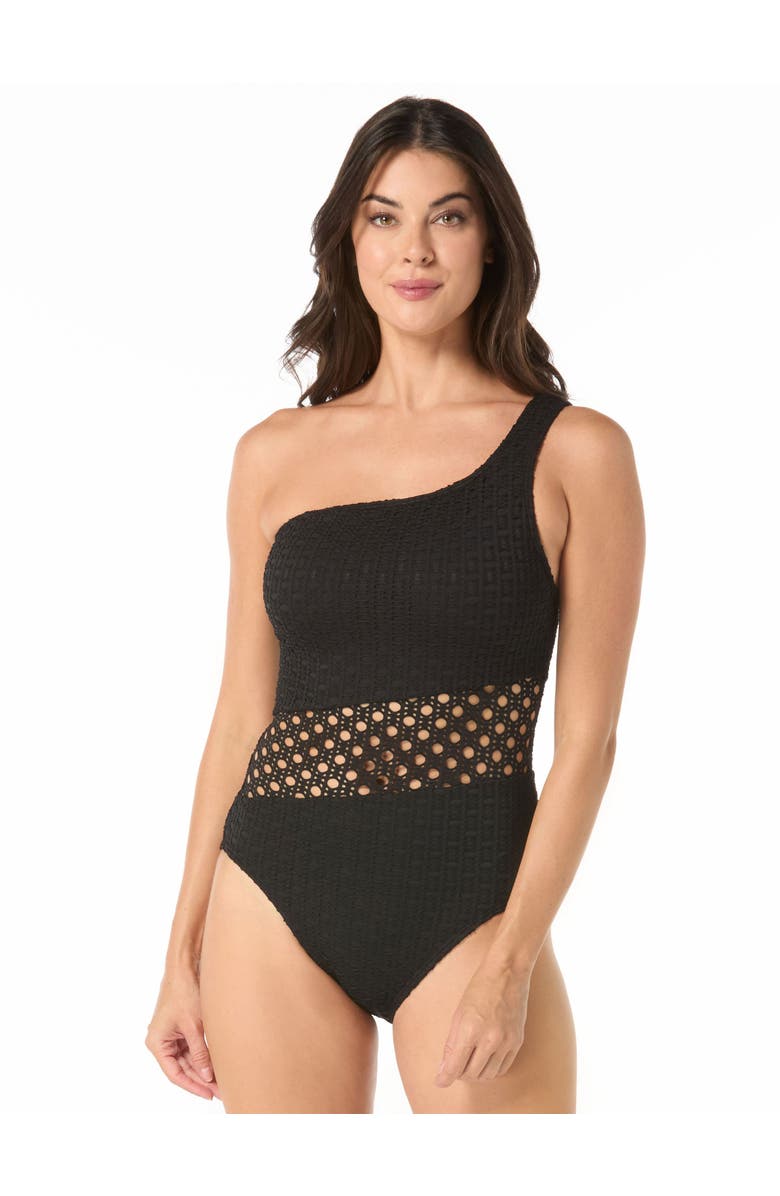 Carmen Marc Valvo Crochet One Shoulder One-Piece Swimsuit, Main, color, Black