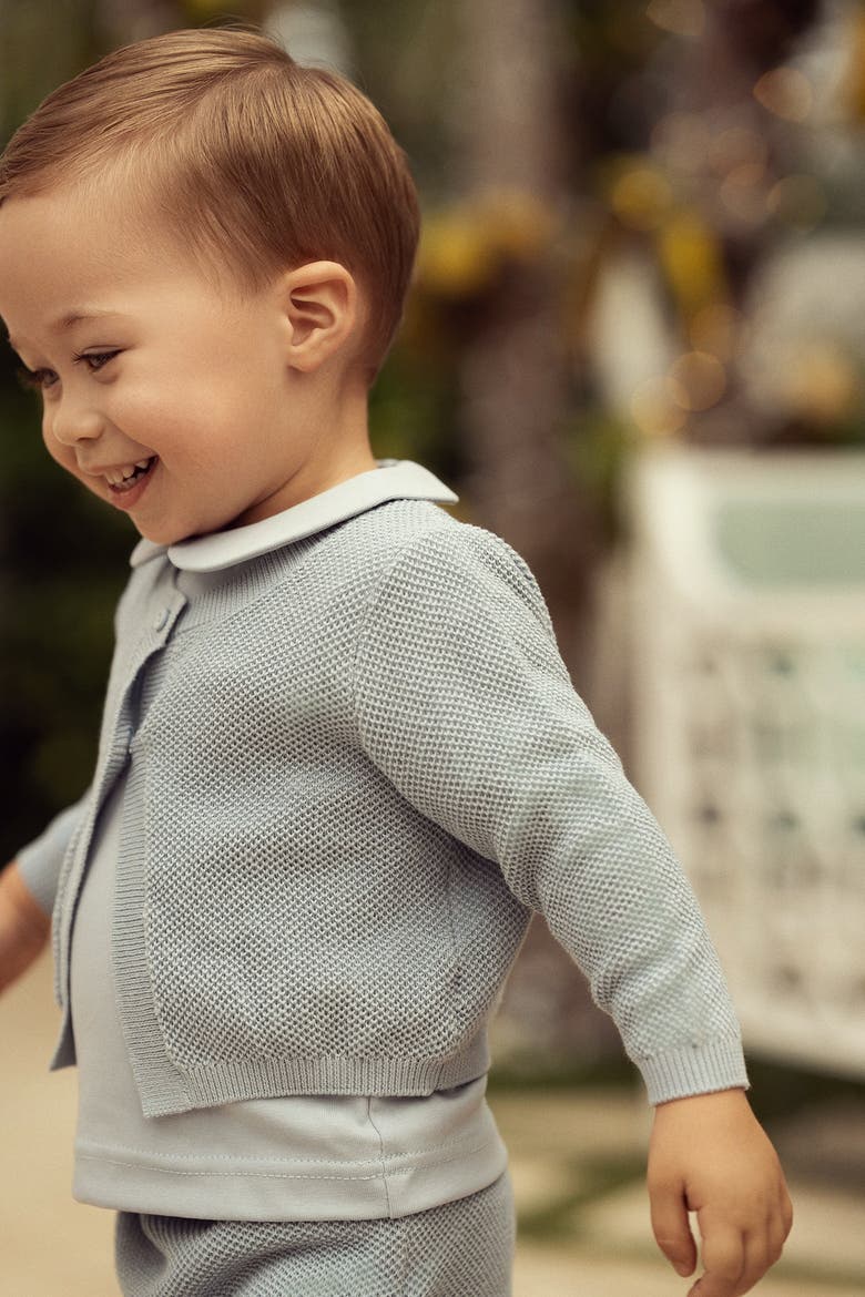 Boy Textured Knit Cardigan, Cotton Shirt and Shorts Set, Alternate, color, Blue