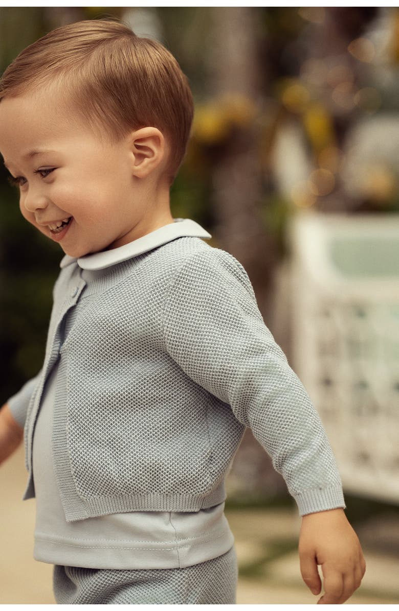 Space Grey Boy Textured Knit Cardigan, Cotton Shirt and Shorts Set, Alternate, color, Blue