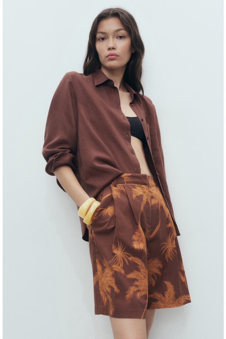 Palm Print Cotton Bermuda Shorts, Alternate, color, BROWN