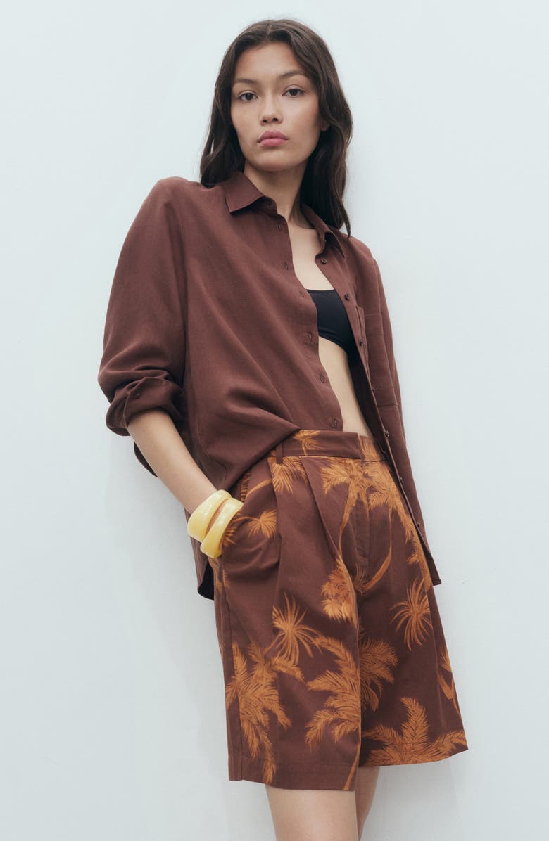 MANGO Palm Print Cotton Bermuda Shorts, Alternate, color, Brown