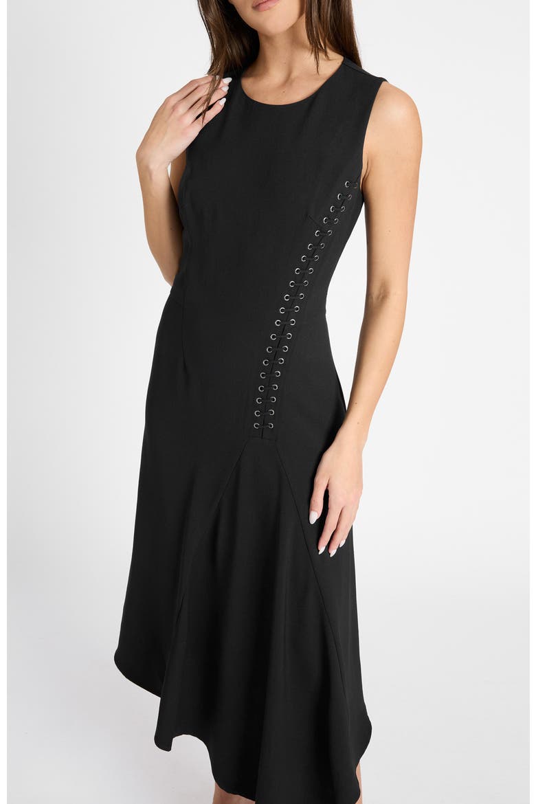 Kylie Sleeveless Asymmetric Midi Crepe Dress, Alternate, color, BLACK