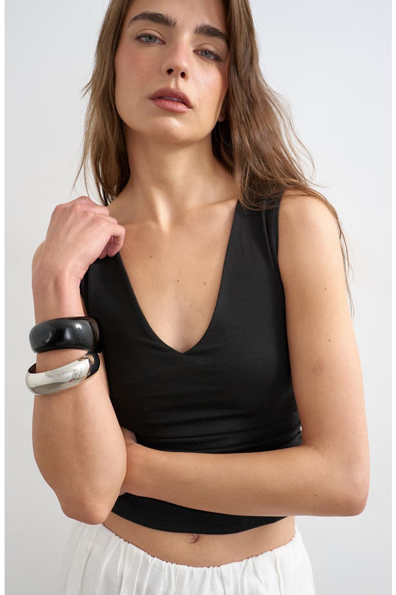 Side Ruched Deep V-Neck Stretch Cotton Tank, Alternate, color, BLACK