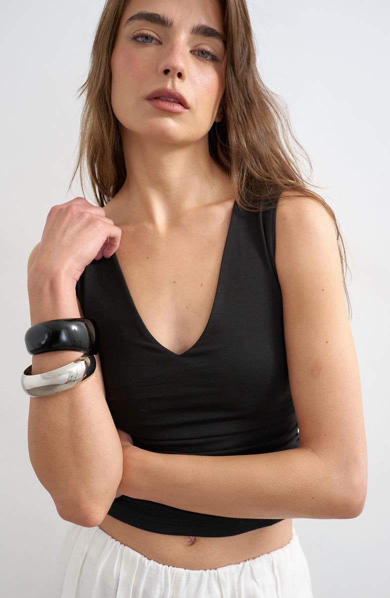 Topshop Side Ruched Deep V-Neck Stretch Cotton Tank, Alternate, color, Black