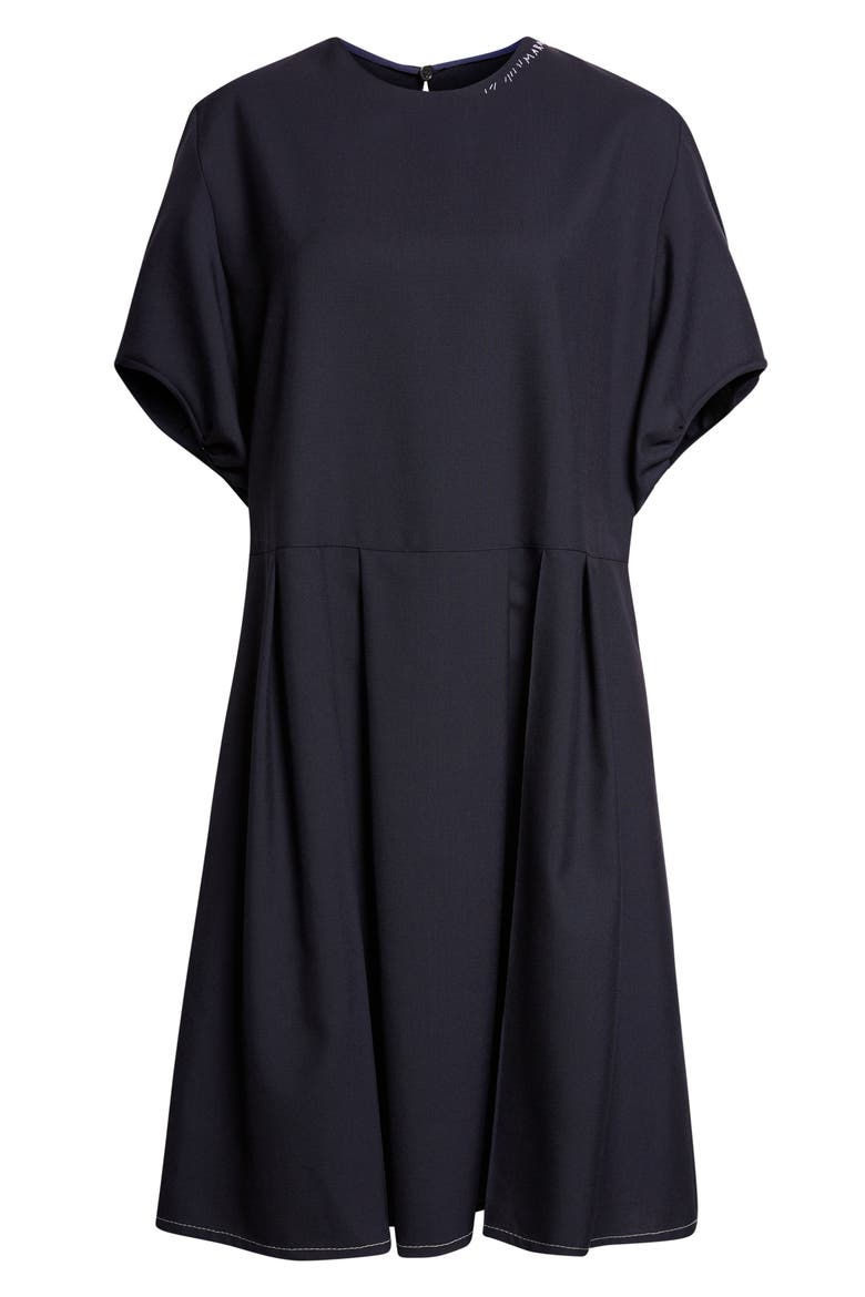 Tropical Wool Pleated Puff Sleeve Dress, Alternate, color, 00B99BLUBLACK