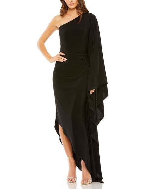 Mac Duggal One Shoulder Cape Sleeve Ruched Detail Jersey Gown in Black 