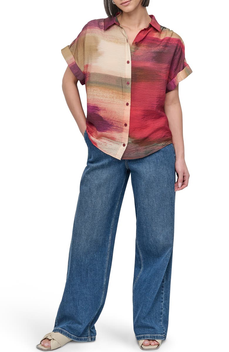 DKNY Abstract Print Textured Short Sleeve Button-Up Shirt, Alternate, color,