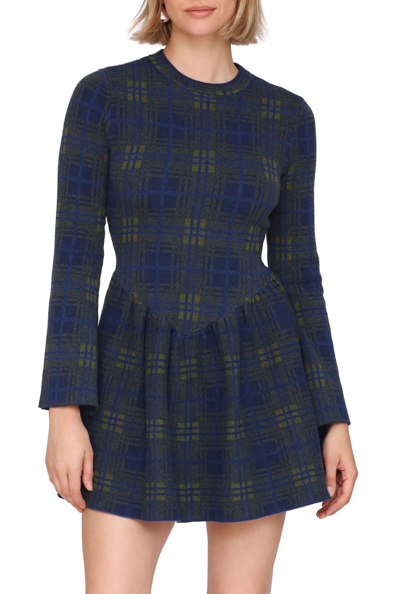 Basque Waist Long Sleeve Skater Sweater Dress, Alternate, color, CADET