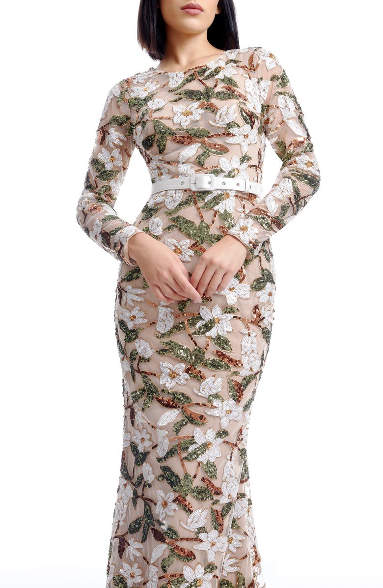 Dress the Population Tamra Sequin Embroidered Long Sleeve Mermaid Gown, Alternate, color, Ivory Multi