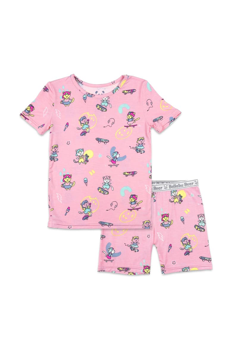 Skater Kitty Kids 2-Piece Short Sleeve & Shorts Pajama Set, Main, color, Skater Kitty