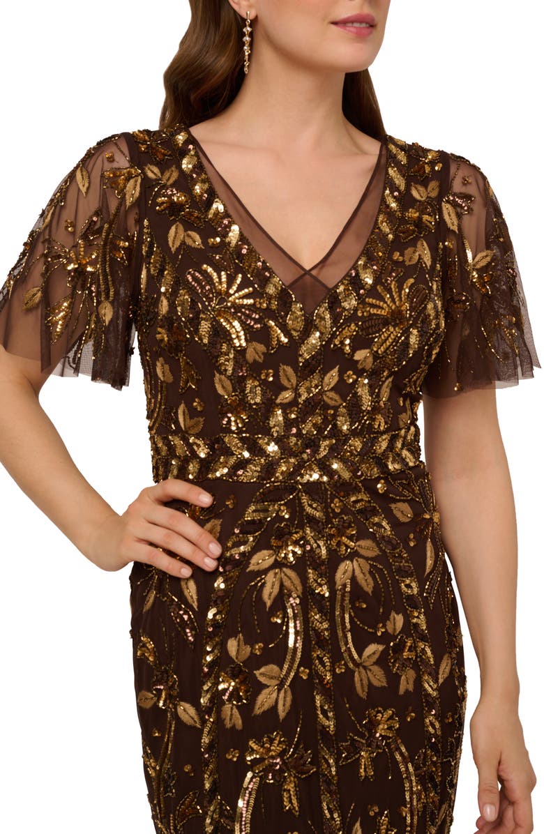 Adrianna Papell Embellished Flutter Sleeve Cocktail Dress, Alternate, color, Chocolate