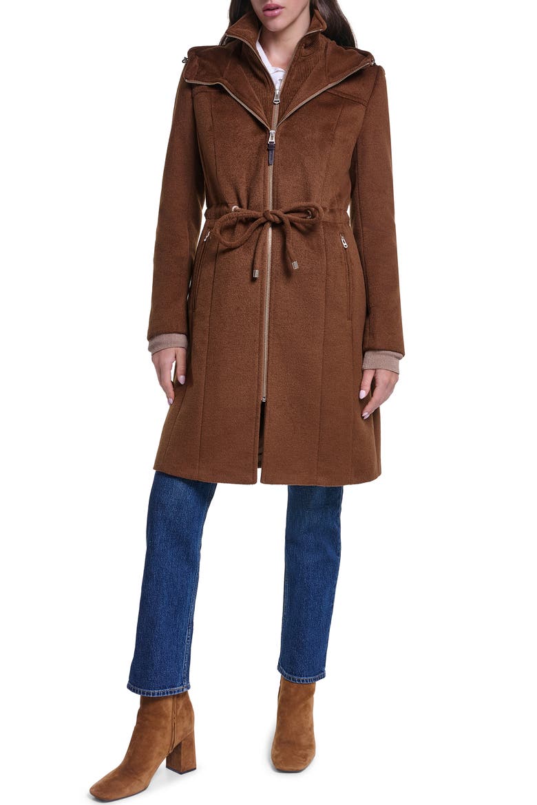 Hooded Wool Blend Zip Up Coat, Main, color, TOBACCO