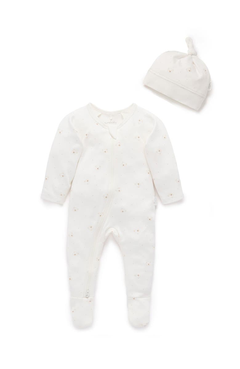 Purebaby Zip Growsuit & Hat Set, Main, color, Vanilla Bear