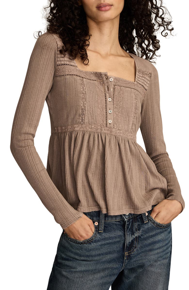 Lucky Brand Embroidered Long Sleeve Peplum Top, Main, color, Deep Taupe