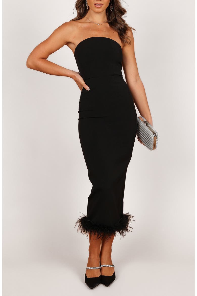 Clara Feather Trim Strapless Cocktail Midi Dress, Alternate, color, BLACK