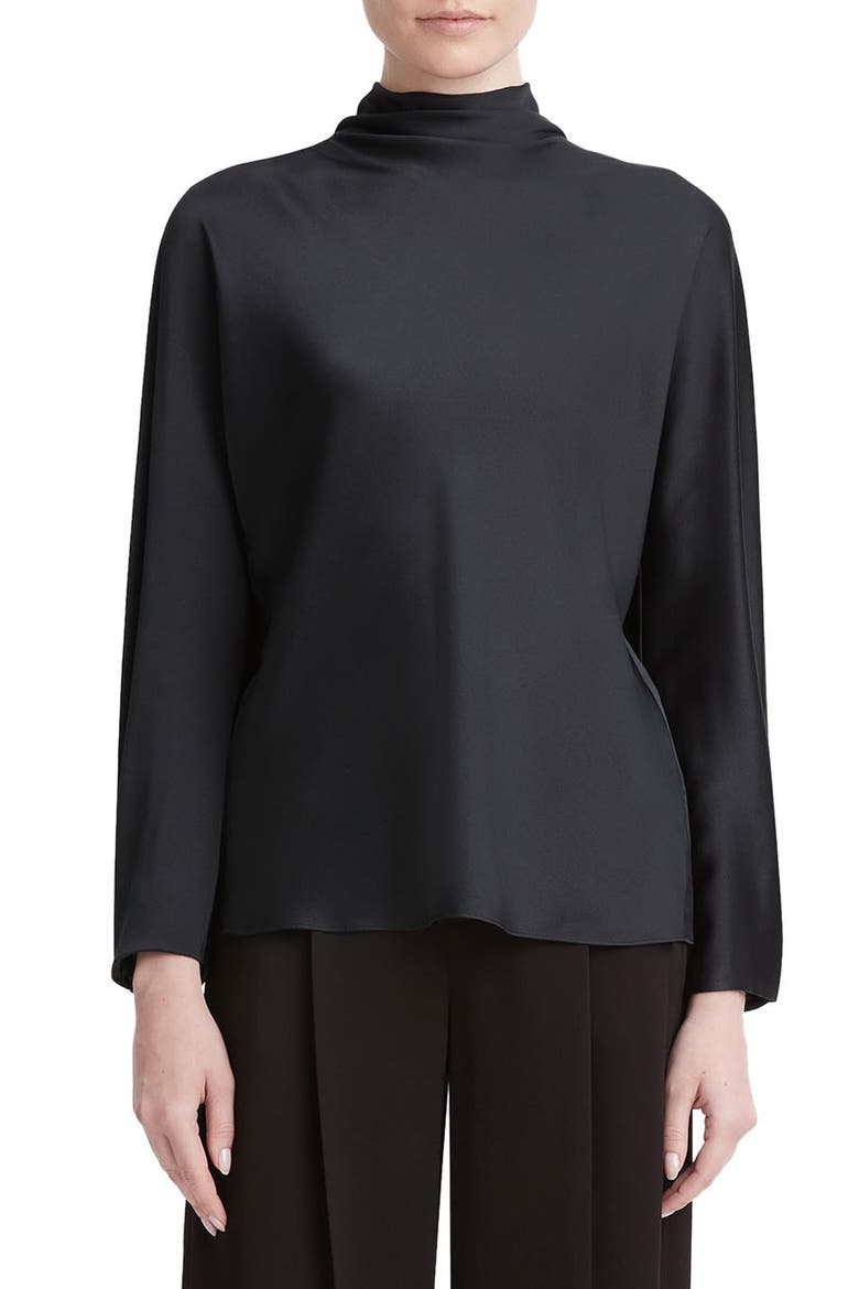 Draped Funnel Neck Silk Top, Main, color, BLACK
