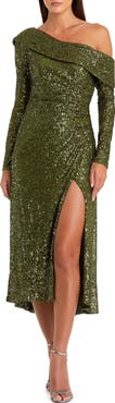 Mac Duggal Women's One Shoulder Sequin Long Sleeve Midi Dress