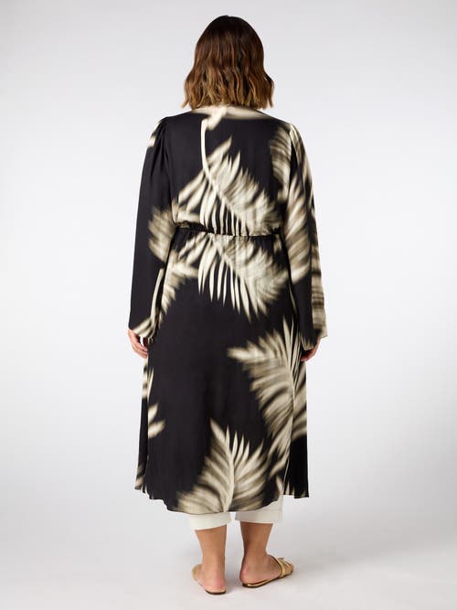 Live Unlimited Leaf Print Longline Drawstring Kimono In Black