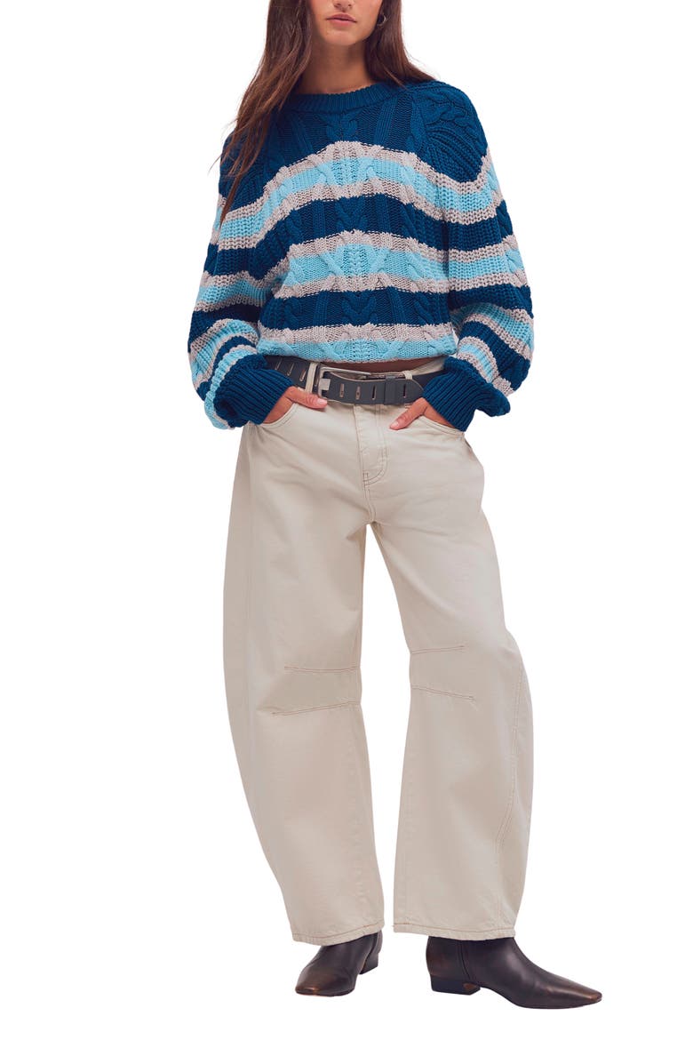 Frankie Stripe Cable Stitch Cotton Sweater, Alternate, color, TEAL COMBO