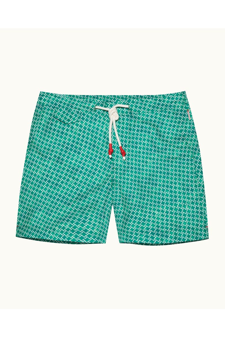 Standard Printed Mid-Length Drawcord Swim Shorts, Main, color, Caddie Green