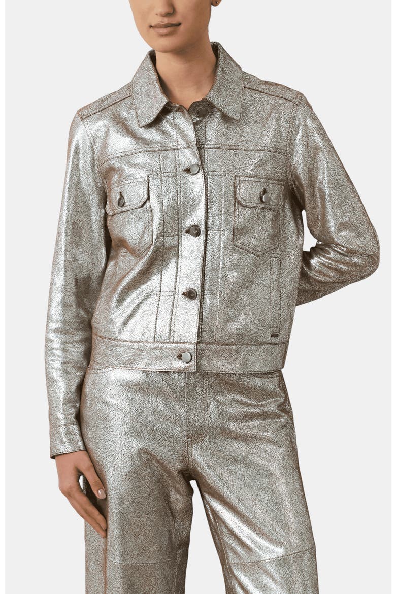 Glass Suede Leather Trucker Jacket, Main, color, Silver