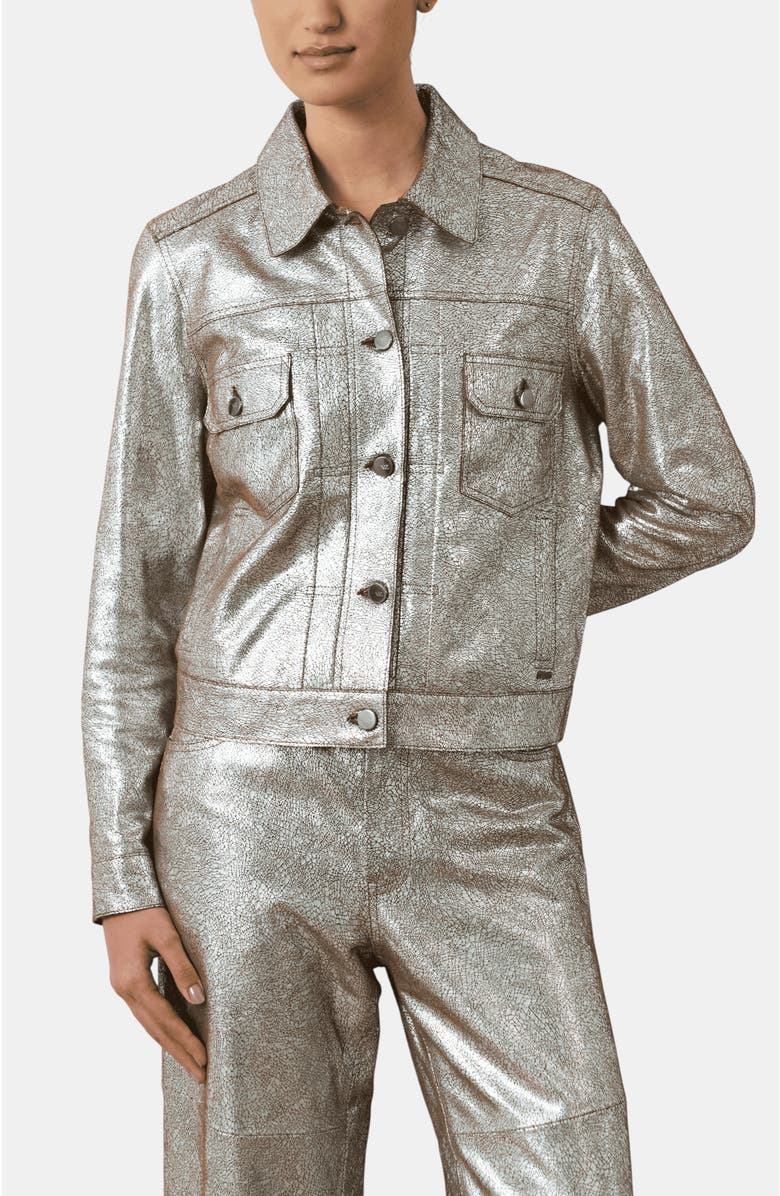 Velez Glass Suede Leather Trucker Jacket, Main, color, Silver