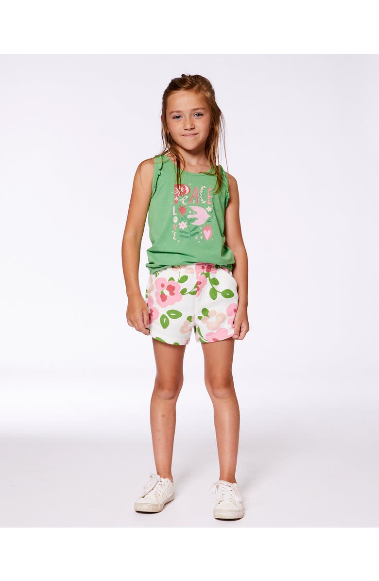Deux par Deux Little Girl's Organic Cotton Tank With Frills Flowers On Green Background, Alternate, color, Flowers On Green Background
